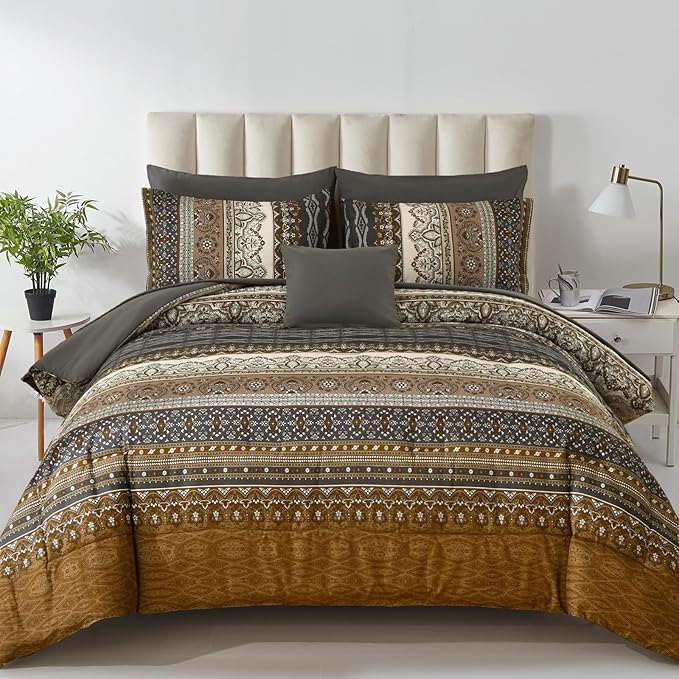 Cottolester Boho King Comforter Set 8 Pieces,Brown Black Bohemian Comforter Paisley Striped Bed in A Bag,Soft Microfiber Bedding Set for All Season