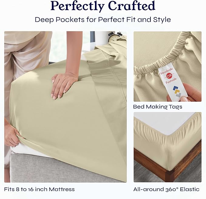 California Design Den 6 Piece King Size Sheets Set with 4 Pillowcases - Soft 400 Thread Count Sateen, 100% Cotton Sheets King Size with Deep Pockets, Cool and Durable Bedding Set - Beige (Golden Tone)
