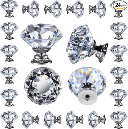 DEELF 24 Packs Kitchen Cabinet Knobs, 40 mm Crystal Cabinet Knobs, Diamond Dresser Handle Drawer Pulls, Dresser Knobs for Cabinets and Drawers, Silver Base