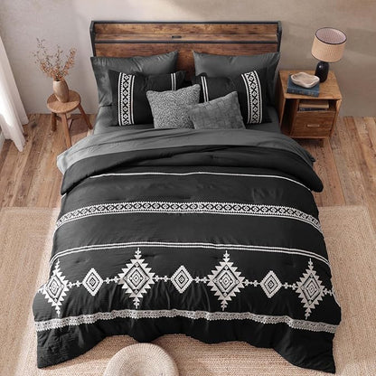 MaiRêve Embroidery California King Size Comforter Set Charcoal Black, Boho Farmhouse Western Bedding Set 7 Pieces, All Season Bed in A Bag Comforter Set with Sheets, Pillowcases & Shams