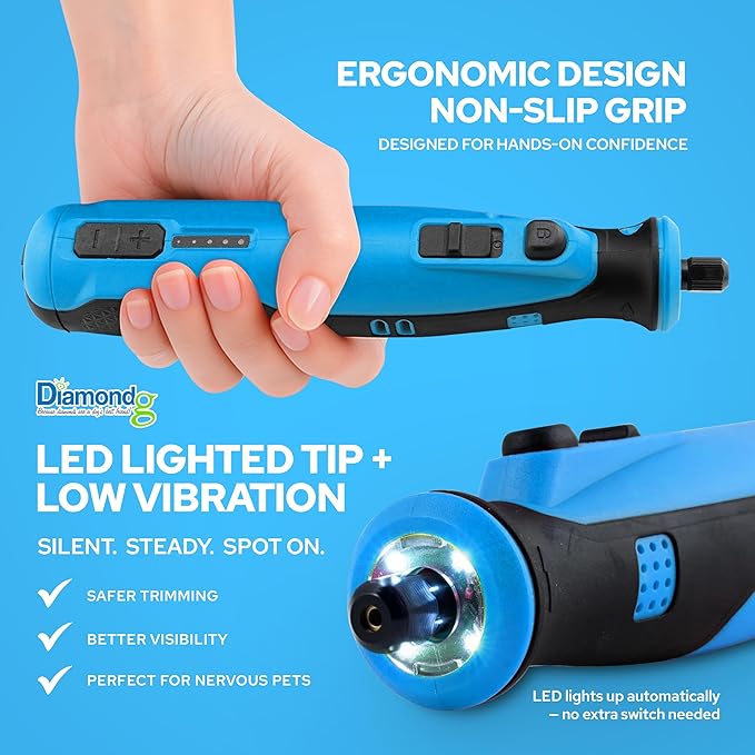 Diamondg Cordless Dog Nail Grinder with Quiet Sound & LED Tip for Large & Small Dogs, 4hrs. Runtime, 2 Bits Included, Blue-Mewly Pet