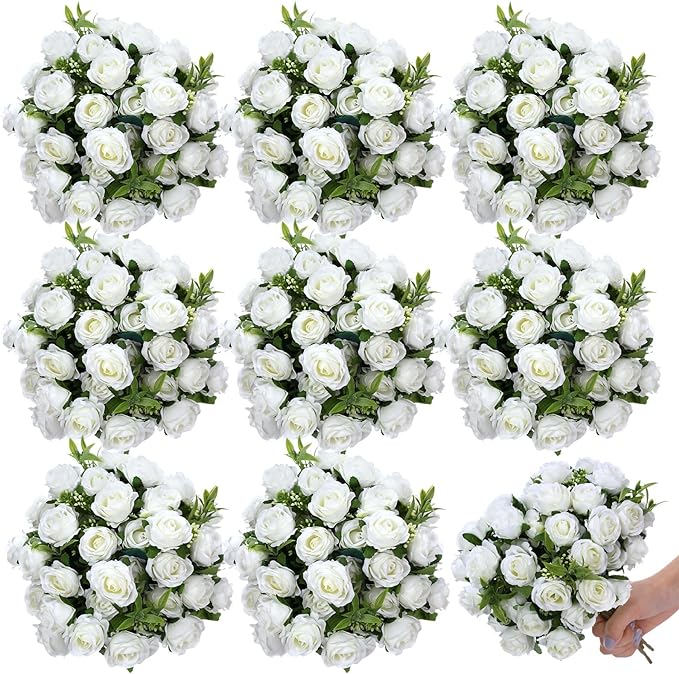 Zeyune 8 Pack 12 Inch Wedding Artificial Mini Rose Bouquet White Silk Flowers Bunches Bulk Fake for Wedding Bridal Christmas Home Office Garden Parties Decoration