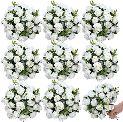 Zeyune 8 Pack 12 Inch Wedding Artificial Mini Rose Bouquet White Silk Flowers Bunches Bulk Fake for Wedding Bridal Christmas Home Office Garden Parties Decoration