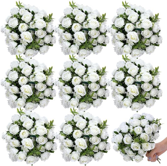 Zeyune 8 Pack 12 Inch Wedding Artificial Mini Rose Bouquet White Silk Flowers Bunches Bulk Fake for Wedding Bridal Christmas Home Office Garden Parties Decoration
