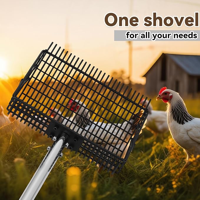 2 in 1 Chicken Poop Scooper Rake , 2 Rakes and 4 Sections Adjustable Stainless Steel Handle 37.4 - 68.9 Inch, Litter Scoop Chicken Coop Scoop for Animal Farm and Poultry Habitats with Gloves-Mewly Pet
