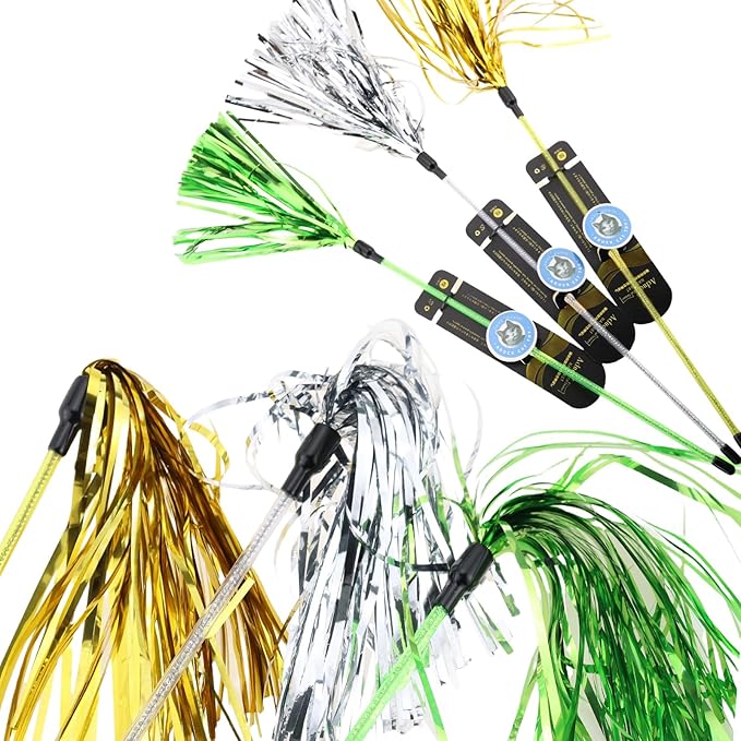 ADUCK Interactive Cat Teaser Wand Toy with Tassels - Durable Cat Chaser for Indoor Kitten Exercise, Boredom Relief & Training Play, Pack of 3 (Gold, Silver, Green)-Mewly Pet