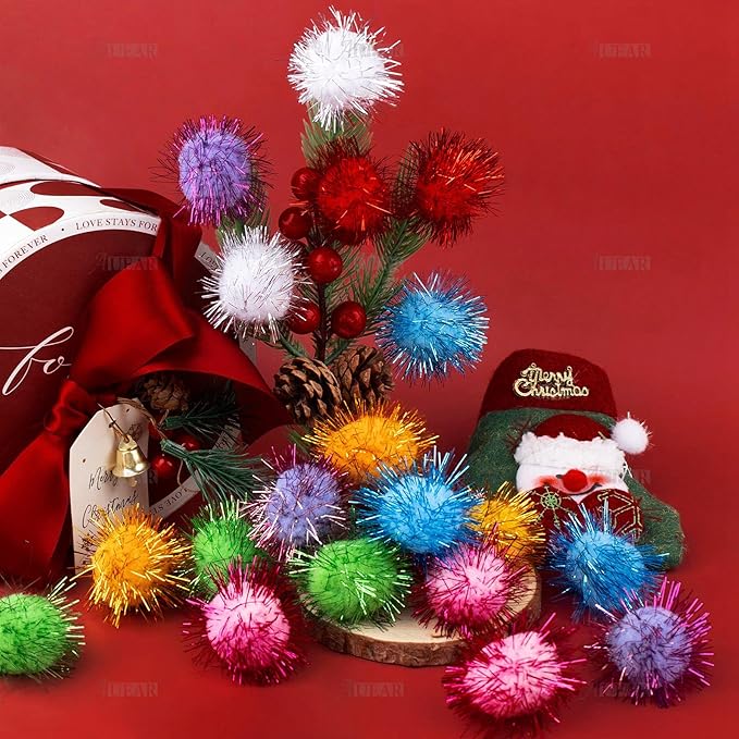 AUEAR, 20 Pack Sparkle Balls 1.5 Inches Tinsel Poms for Cats Pets Assorted Colors-Mewly Pet