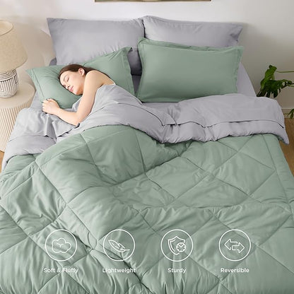Bedsure Sage Green Queen Comforter Set - 7 Pieces Reversible Bed Set Sage Green Bed in a Bag Queen with Comforters, Sheets, Pillowcases & Shams, Queen Bedding Sets