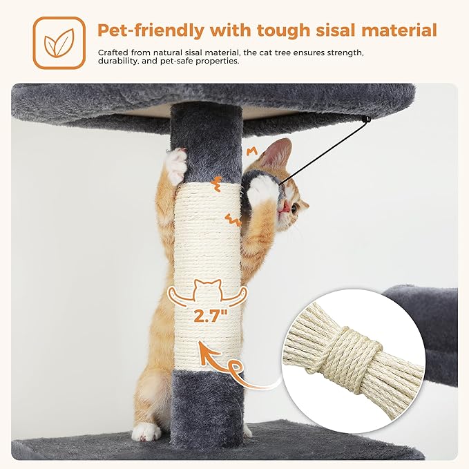 PAWZ Road 70 Inch Cat Tower, Tall Cat Tree with 2 Cozy Condos, 2 Plush Perch, Large Basket, 2 Scraching Pad & 6 Scraching Posts for Indoor Cats Large Adult, Dark Gray-Mewly Pet