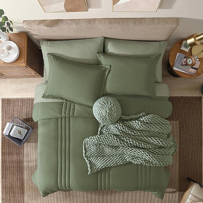 Monbix Full Comforter Set - 7 Pieces Light Sage Green Bed in a Bag Full Size Bedding Sets with Comforters, All Seasons Down Alternative Comforter with Sheets,Pillowcases & Shams