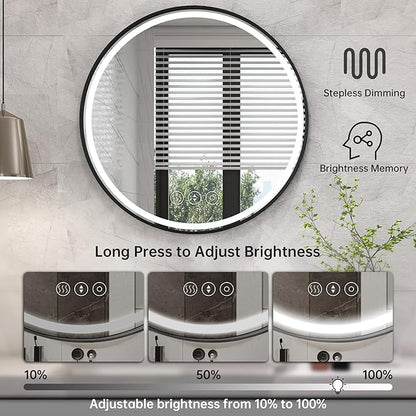 24 Inch Round Bathroom Mirror with Lights, Black Metal Framed Frontlit Circle Mirrors for Wall, Led Light Mirror with Anti-Fog, Memory Function, 3 Color Temperature, Dimmable Makeup Mirror