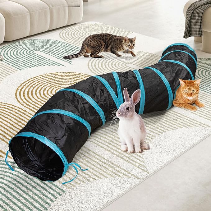 Cat Tunnel, S-2-Way Cat Tunnels for Indoor Cats, Interactive Toy Maze Cat House, Foldable Cat Tubes and Tunnels for Cats Kittens, Puppies, Kitty, Kitten, Rabbit, Guinea Pigs (Blue & Black)-Mewly Pet
