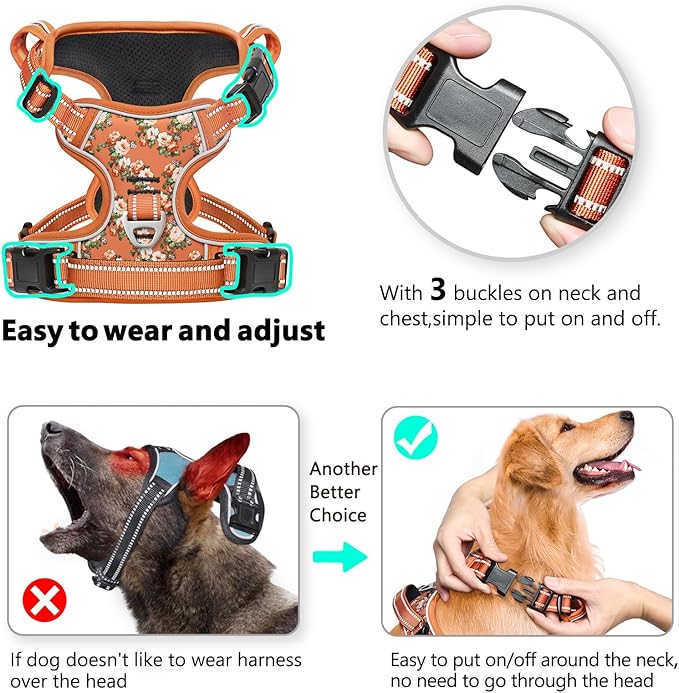 Timos Dog Harness, No Pull Dogs Harness 3 Snap Buckles Adjustable Reflective No Choke Pet Vest for Small Dog with Soft Padded Control Training Handle for Outdoor Training,Flower Orange, S-Mewly Pet