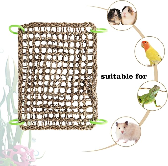 16 x 12 Inches Bird Seagrass Mat, Natural Seagrass Woven Net, Bird Hammock Mat with Hooks, Bird Cage Accessories, Climbing Rope Ladder Chew Toys for Cockatiel Hamster Guinea Pig Rats Hamster Parakeet-Mewly Pet