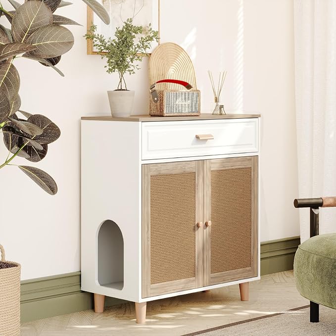 Cat Litter Box Enclosure Furniture Hidden Indoor 2-in-1 Wooden Cat House & Washroom Cabinet with Scratching Board Doors and Drawer, 31.5"x15.7"x34.6"H-Mewly Pet