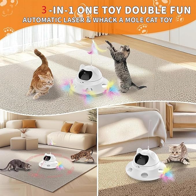 3-in-1 Cat Laser Toy & Interactive Automatic Motion-Activated Kitten Toy – 6 Holes Whack-A-Mole Feather & Moving Ambush Fun – USB Rechargeable, Apply to – Indoor Exercise for Cats of All Breeds-Mewly Pet