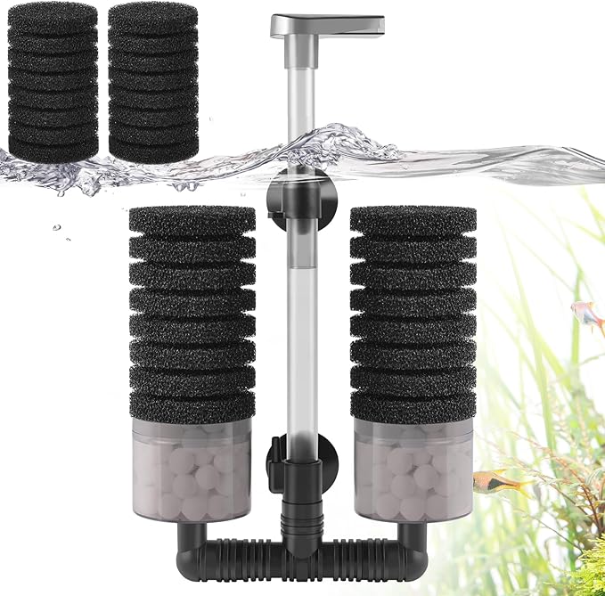 Air Powered Aquarium Sponge Filter with Biochemical Sponge and Ceramic Balls, Quiet Submersible Fish Tank Filter for 15-40Gallon （L-8.7in）-Mewly Pet