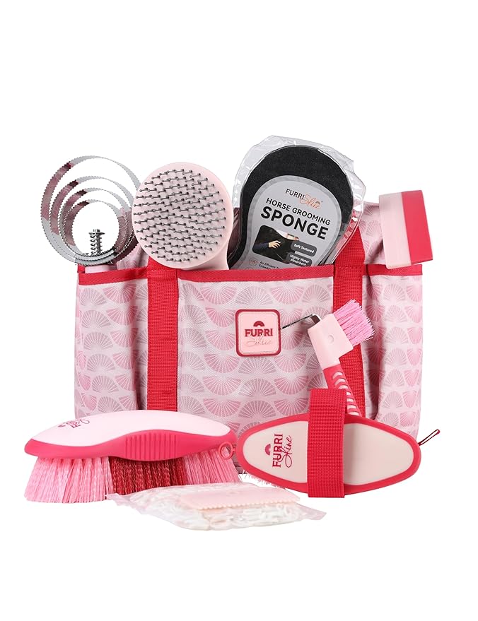9PCS Horse Grooming Kit Curry Comb Sweat Scraper Horse Bathing Supplies Grooming Tools with Storage Bag Pink Garnet-Mewly Pet