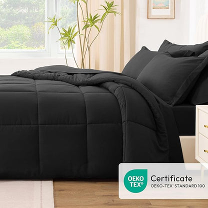 Love's cabin California King Comforter Set Ash Black, 7 Pieces California King Bed in a Bag, All Season Bedding Sets with 1 Comforter, 1 Flat Sheet, 1 Fitted Sheet, 2 Pillowcase and 2 Pillow Sham