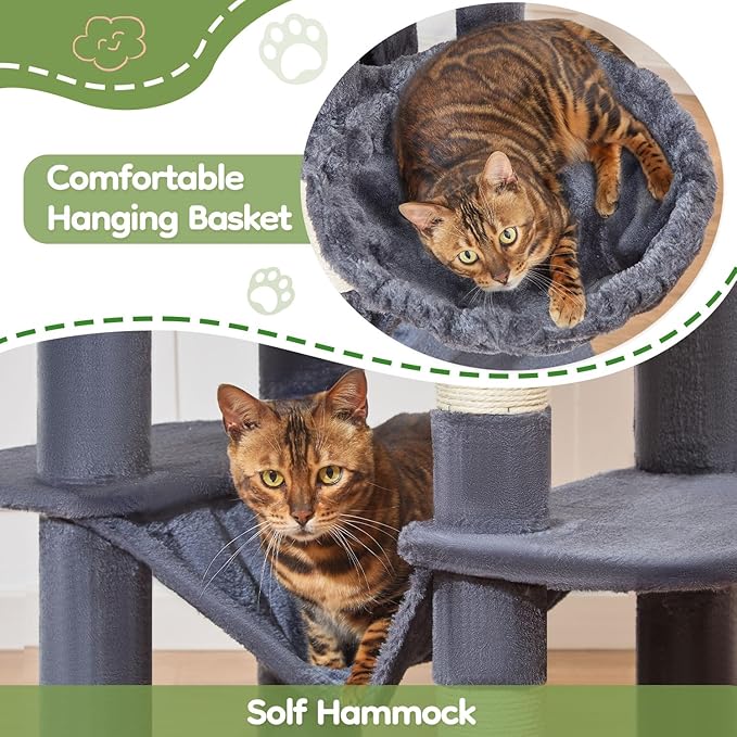 Taoqimiao MS042G Cat Tree,66-inch Large Cat Tower with Scratching Posts, Luxurious Large Platform for Big Cats with Soft Hammock, Adjustable Basket, Deluxe Cat Cando, Top Perch Smoke Gray-Mewly Pet