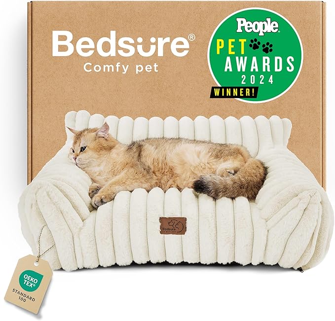 Bedsure Cute Couch for Pets - Fluffy Pet Sofa with Premium Soft Corduroy Fleece, Fuzzy Cat Beds for Indoor Cat with Removable Washable Cover, Supportive Pet Chair, 24inch, Cream