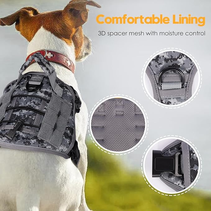 Heavy-Duty Tactical Dog Harness for Large Dogs, No Pull Adjustable Reflective Pet Vest with Molle System, K9 Military-Grade Control for Service Training, Outdoor & 10+ Breeds, Gray Camo, Medium-Mewly Pet