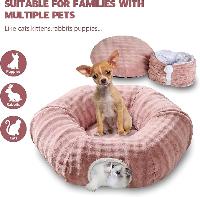 Bubble Cat Tunnel for Indoor Cats, Round Peekaboo Cave Toy with Dangling Balls, Donut Tunnel Bed with Circle Mat for Puppy Kitten Rabbit, Dusty Pink-Mewly Pet