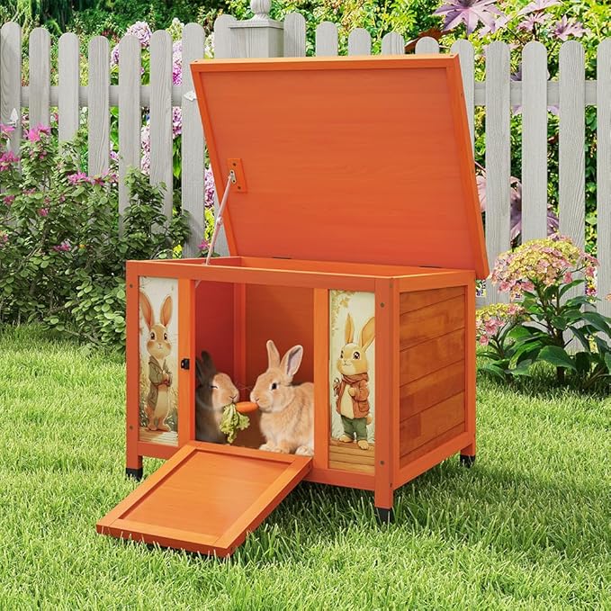 COZIWOW 24in Wooden Cat House Outdoor & Indoor Pet Shelter with Foldable Ramp - Weatherproof Rabbit Hutch with Unique Machine-Printed Art Designs for Cat, Rabbit, Guinea Pig (Orange)-Mewly Pet
