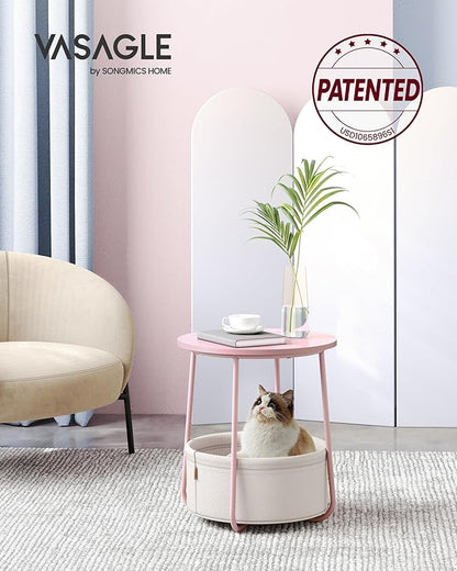 VASAGLE LILEA Collection - Small Round Side End Table, Modern Nightstand with Fabric Basket, Jelly Pink and Cream White ULET223R61
