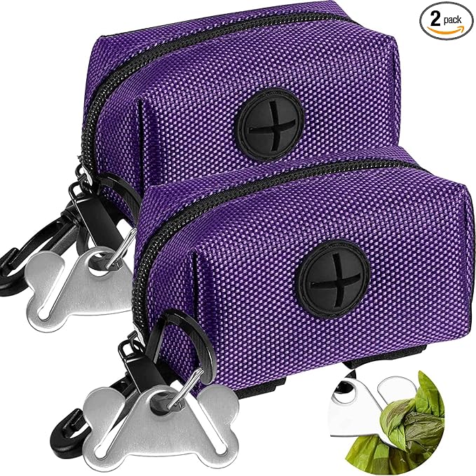 Dog Waste Bag Dispenser Pet Poop Bags Holder for Doggie Waste Bags Dispensers Soft Fabric Zipper Small Doggy Puppy Pouch for Leash Accessory Attachment with Carrier,2PCS Purple-Mewly Pet