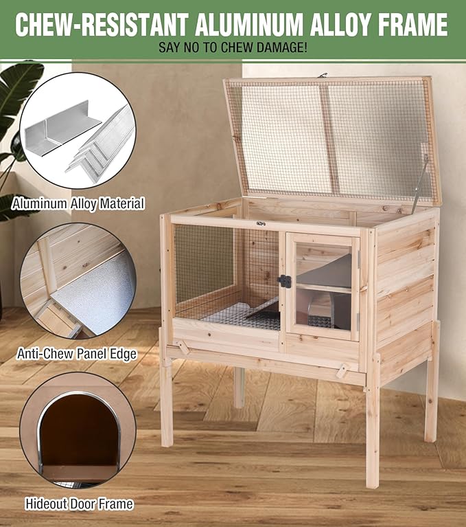 GUTINNEEN Guinea Pig Cage Rabbit Cage Indoor with Chew-Proof Edges, Clean Deep Tray, Leakproof PVC Layer, Small Animals Cage with Adjustable Legs - Natural Wood Color-Mewly Pet