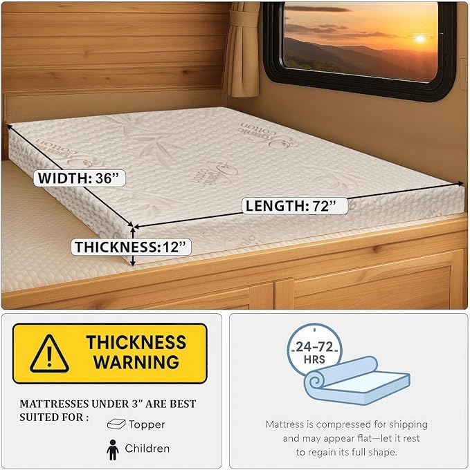 Foamma 12" x 36" x 72" Gel Memory Foam Mattress for RV with Water Resistant Organic Cotton Cover, Firm High Density Foam Base, USA Made, CertiPUR-US Certified Foam