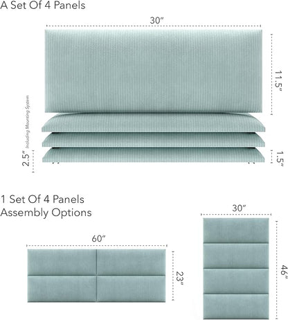 Vänt Upholstered Wall Panels - Queen/Full Size Wall Mounted Headboards - Ribbed Iceland Blue - Set of 4 Panels (Each Individual Panel 30"x11.5")