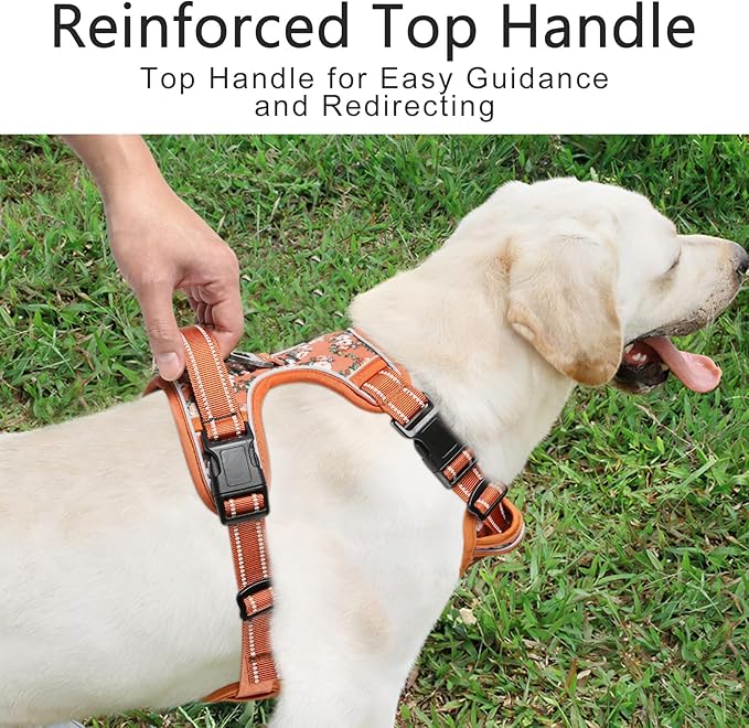 Timos Dog Harness for Large Dogs, No Pull Service Vest with Reflective Strips and Control Handle,No Choke Dog Harness with 2 Metal Rings for Easy Walking,Outdoor Training,Flower Orange, XL-Mewly Pet