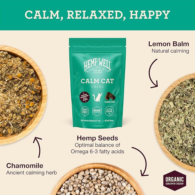 Hemp Well Calm Cat Soft Chews - Anxiety & Stress Relief Formula, Organic Ingredients, Soothes & Relaxes, Improves Behavior, 60 Count-Mewly Pet