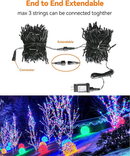 Blingstar Christmas String Lights - 98.4 Ft+9.8 Ft 300 LED Extendable Plug-in 8 Modes Multicolored Decorative Lights for Indoor Outdoor Xmas Tree Wedding Party, Long & Bright