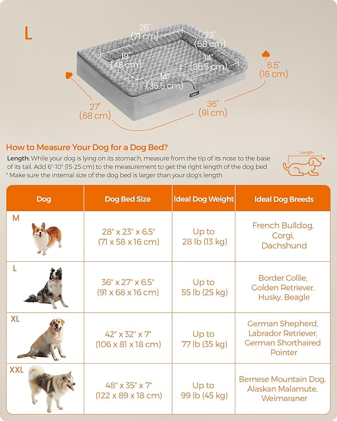 Feandrea Orthopaedic Dog Bed for Large Dogs, Waterproof Dog Sofa Bed with Removable Washable Cover, 36 x 27 x 6.5 Inches, Dove Gray UPGW252G01-Mewly Pet