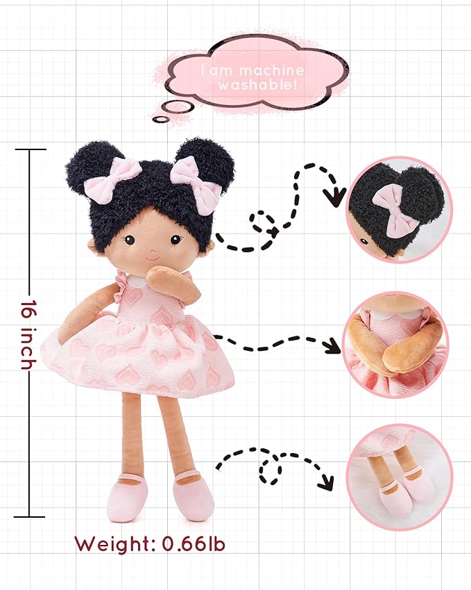 Soft Baby Doll Toys (16''), My First Baby Rag Doll for 1 Year-Old Girl Birthday Gift, Christmas Plush Toys Gift for Toddler Kids Infants-Sweetheart(Double Buns Tanned)-Mewly Pet