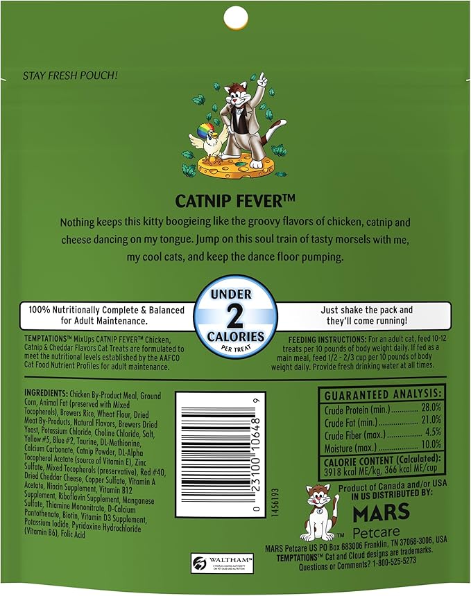 Temptations MixUps Catnip Fever Flavor Crunchy and Soft Cat Treats, 6.3 oz. Pouch (Pack of 10)-Mewly Pet
