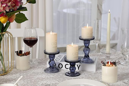 GMWD 3 Pcs Glass Candle Holder Set Clear, Blue Candlesticks Holders Pillar Taper Candles Tealight Stand for Wedding Centerpieces Home Decorations Dining Table