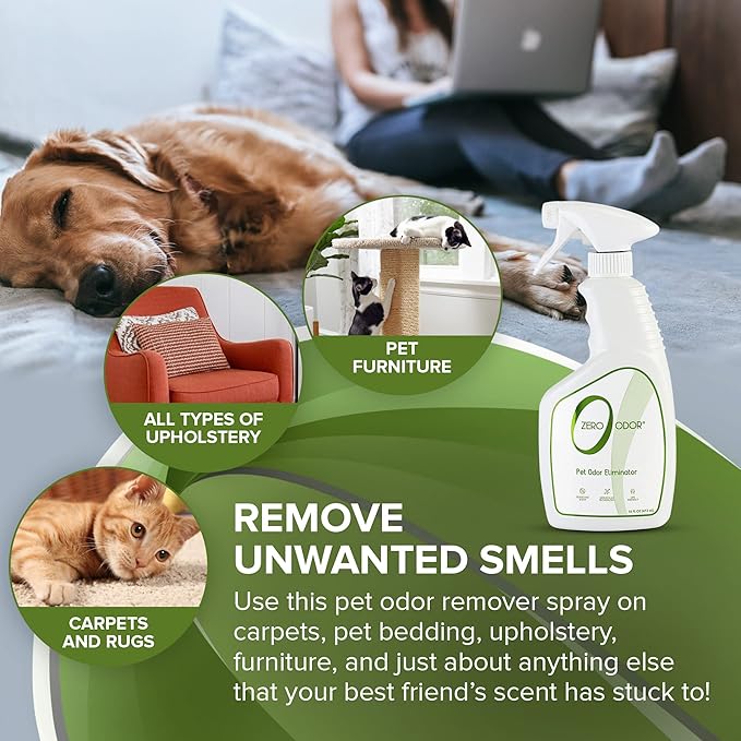 Zero Odor - Pet Odor Eliminator for Strong Odor, Eliminate Air & Surface Odors – Patented Molecular Technology Best For Carpet, Furniture, Beds Smell Great Again (Over 400 Sprays Per Bottle)-Mewly Pet
