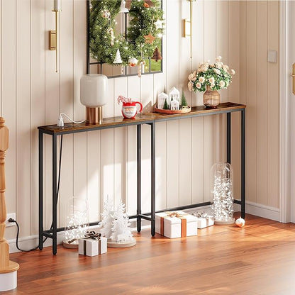 HOOBRO 63" Narrow Console Table with Charging Station, 5.9" Sofa Table with 2 Power Outlets and USB Ports, Long Entryway Tables Behind Couch Table, for Hallway, Living Room, Rustic Brown BF165UXG01