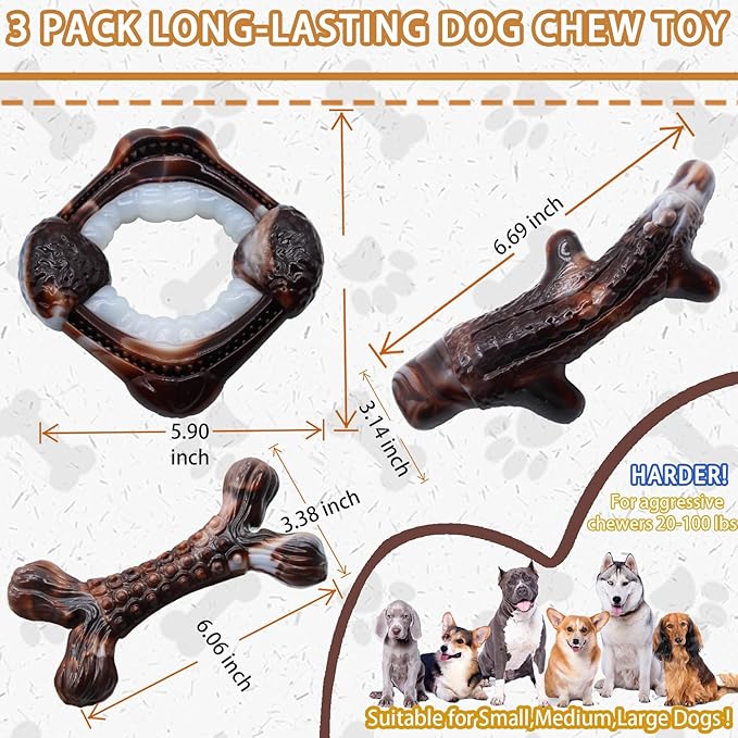 Magicorange 3-Pack Dog Chew Toys for Aggressive Chewers, Nylon Durable Dog Toys, Bacon Flavored Tough Bones Chew Toys-Mewly Pet