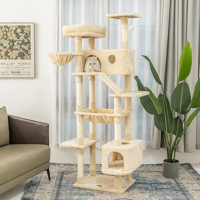 73 inches Large Cat Tree for Indoor Cats, Tall Cat Tower with Sisal Scratching Posts and Pads, Padded Plush Perch, Cozy Basket, Plush Condo for Large Cats (Beige)-Mewly Pet