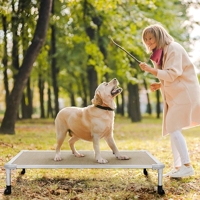 Veehoo Chew Proof Elevated Dog Bed - Cooling Raised Pet Cot - Silver Aluminum Frame and Durable Textilene Mesh Fabric, Unique Designed No-Slip Feet for Indoor or Outdoor Use, Beige Coffee, Large-Mewly Pet