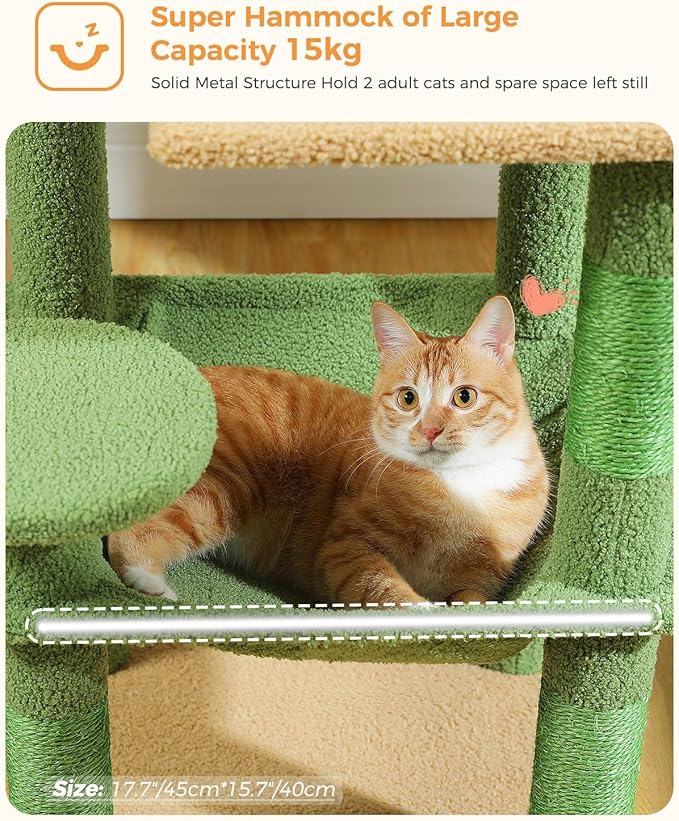 Cactus Cat Tree for Indoor Cats, 45.7" Multi-Level Cat Tower with Large Metal Frame Hammock, Cat Condo with 4 Scratching Posts and Top Perch, Green-Mewly Pet