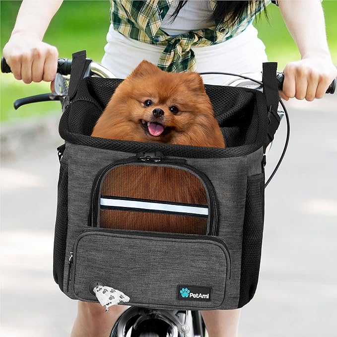 PetAmi Dog Bike Basket, Soft-Sided Ventilated Dog Bike Carrier Backpack, Pet Bicycle Basket for Bike Handlebar, Small Medium Puppy Cat Kitten Car Booster Seat with Safety Strap, Max 18 lbs, Dark Gray-Mewly Pet