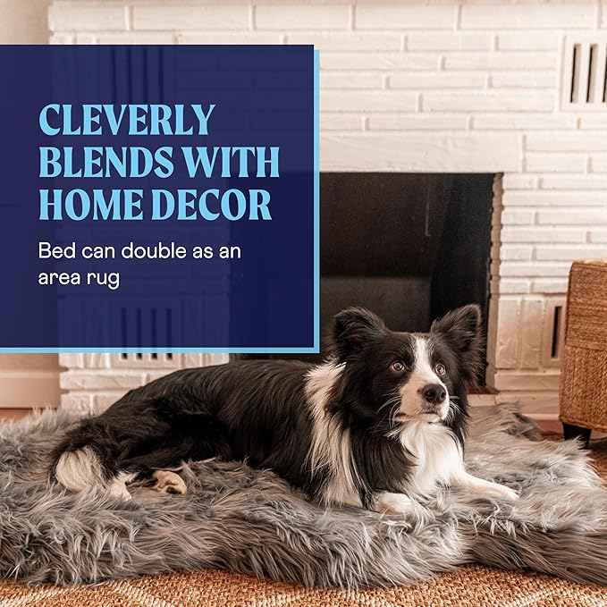 PupRug Orthopedic Dog Bed for Large Dogs with Fluffy Soft Faux Fur and Memory Foam for Joint Pain Relief, Machine Washable and Waterproof Couch Bed, Charcoal Grey, Large/Extra Large-Mewly Pet