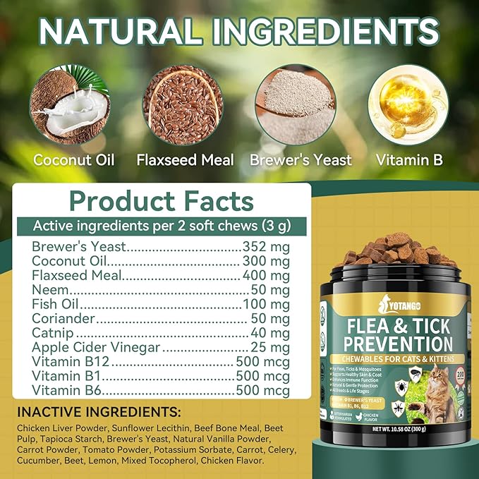 Natural Flea Treatment for Cats Chewables, 200 Soft Treats Flea and Tick Prevention for Cats, Oral Flea Supplement for Kitten Cat, Cat Flea and Tick Treatment, Skin & Coat Support - All Breeds & Ages-Mewly Pet