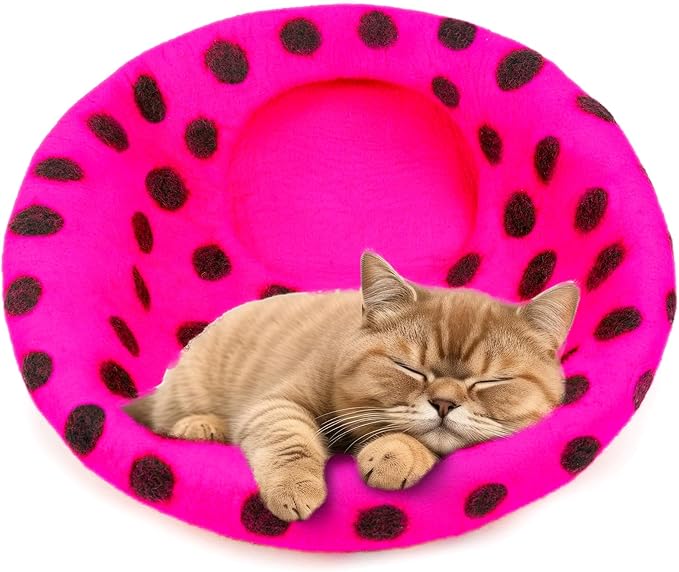 Woolygon Premium Felt Cat Cave Bed - Polka Dot Series - Wool Kitty Beds Handcrafted Kitten Caves Bed for Indoor Cats - Eco-Friendly Merino Wool, Foldable Cat Hideaway Cat Houses (Pink/Black Dots)-Mewly Pet